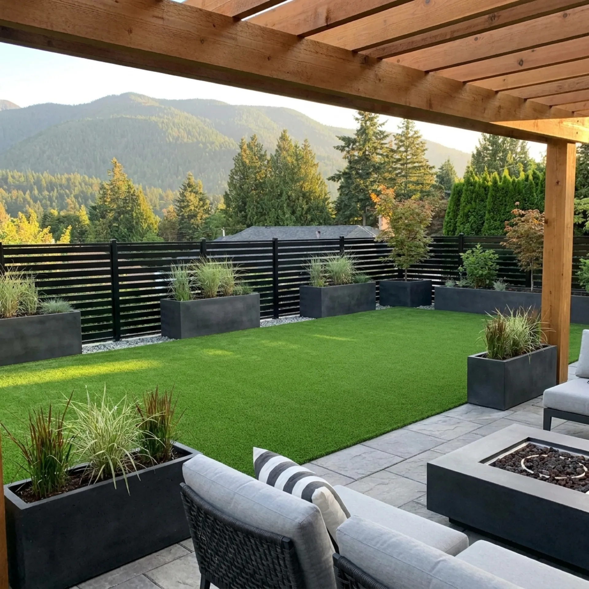Artificial grass yard next to a modern fence