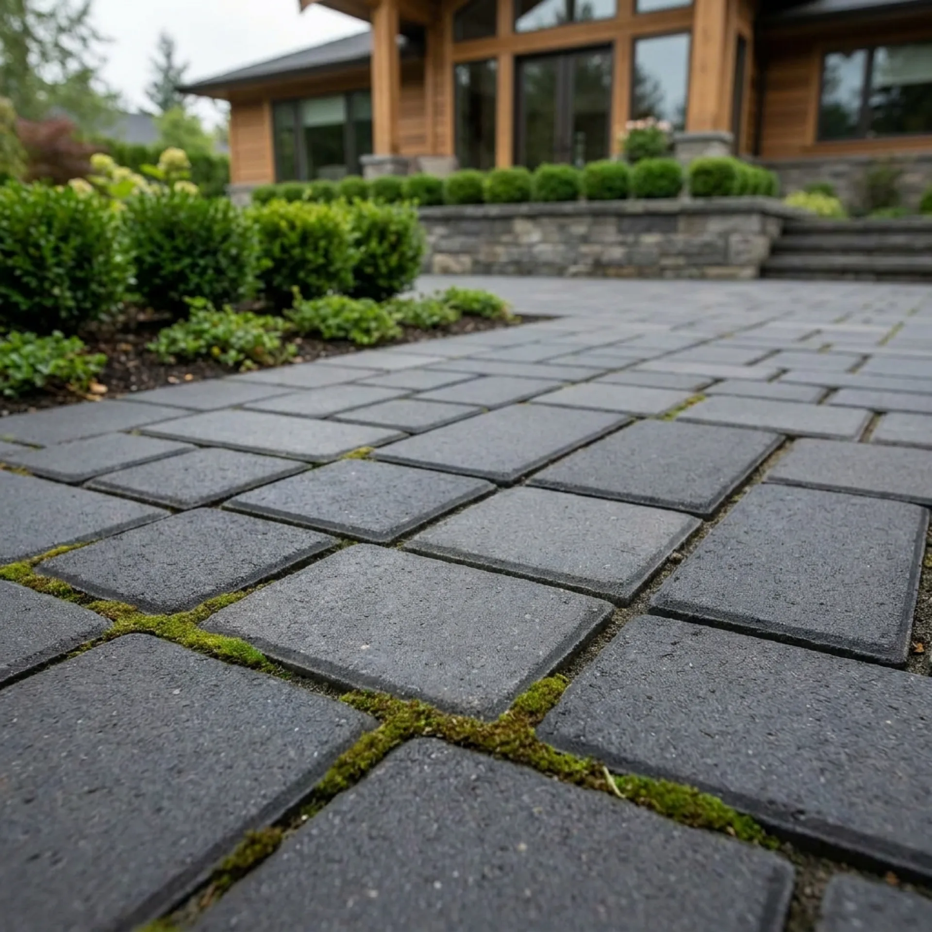 Charcoal interlocking pavers laid in a neat herringbone pattern