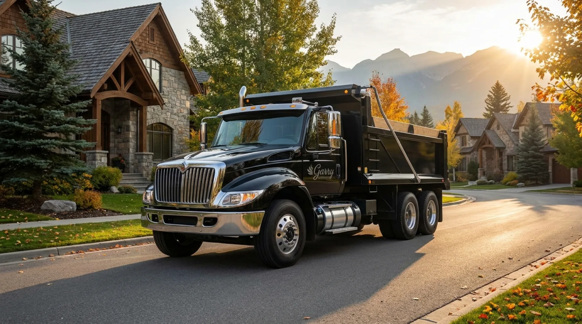 Asphalt paving truck and crew on a residential driveway